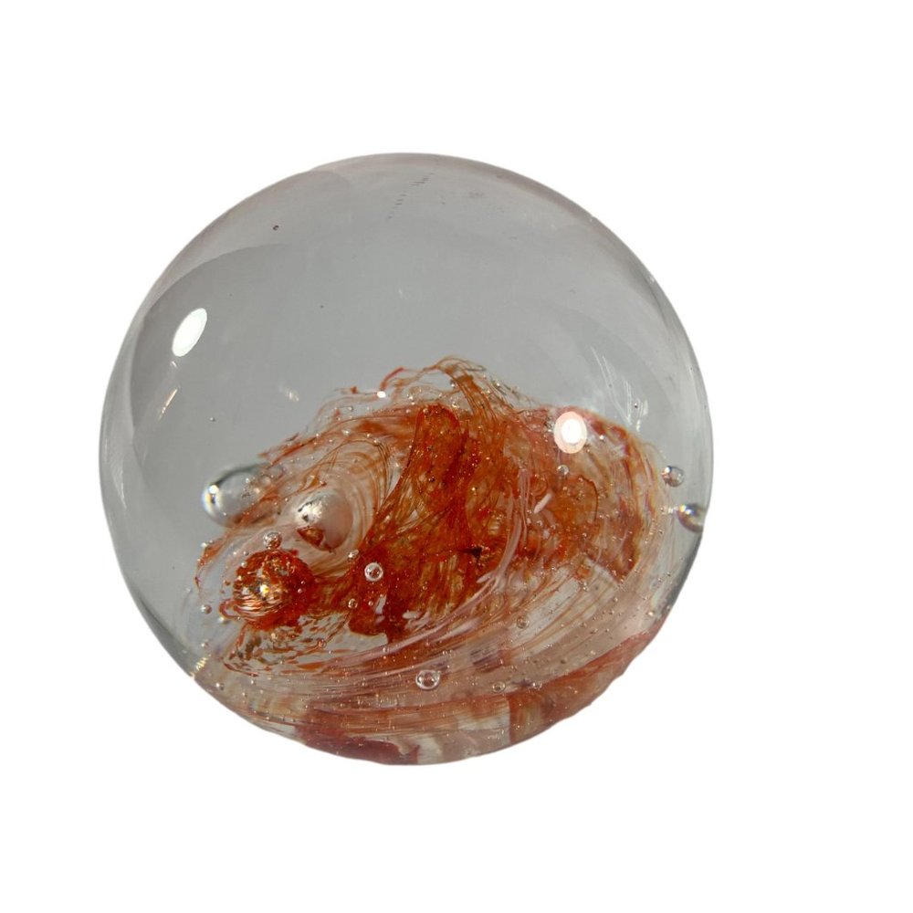 Round Art Glass Paperweight Clear Orange White Swirl Ball Bubbles 10" Around - Picture 9 of 9